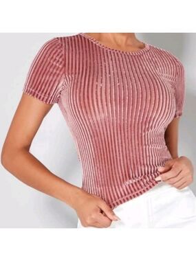 ⭐️SHEIN RIBBED KNIT ROUND NECK SHORT SLEEVES PINK STRETCH TOP WOMENS MEDIUM